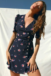 Vintage Blumendruck Puffärmel Französisches Wickel-Minikleid - Marineblau